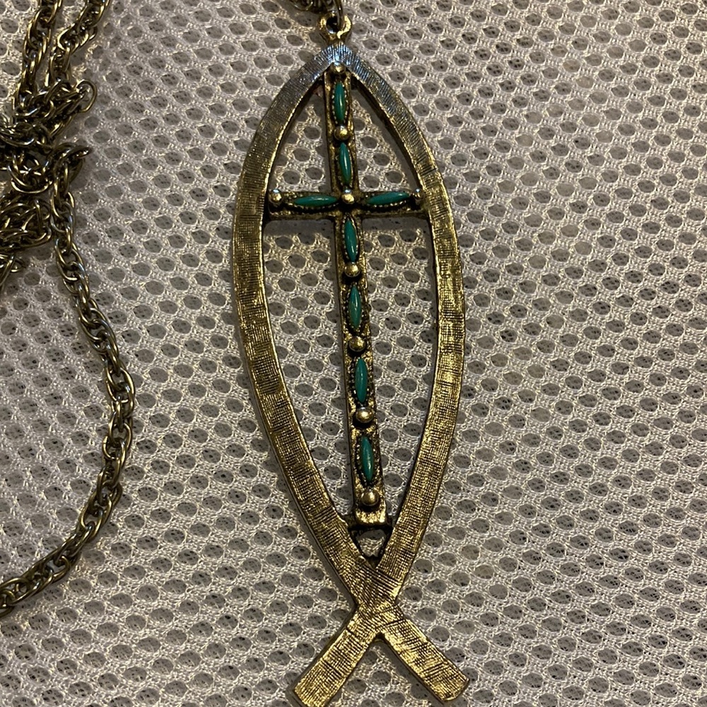 Vintage turquoise Christian Jesus fish necklace